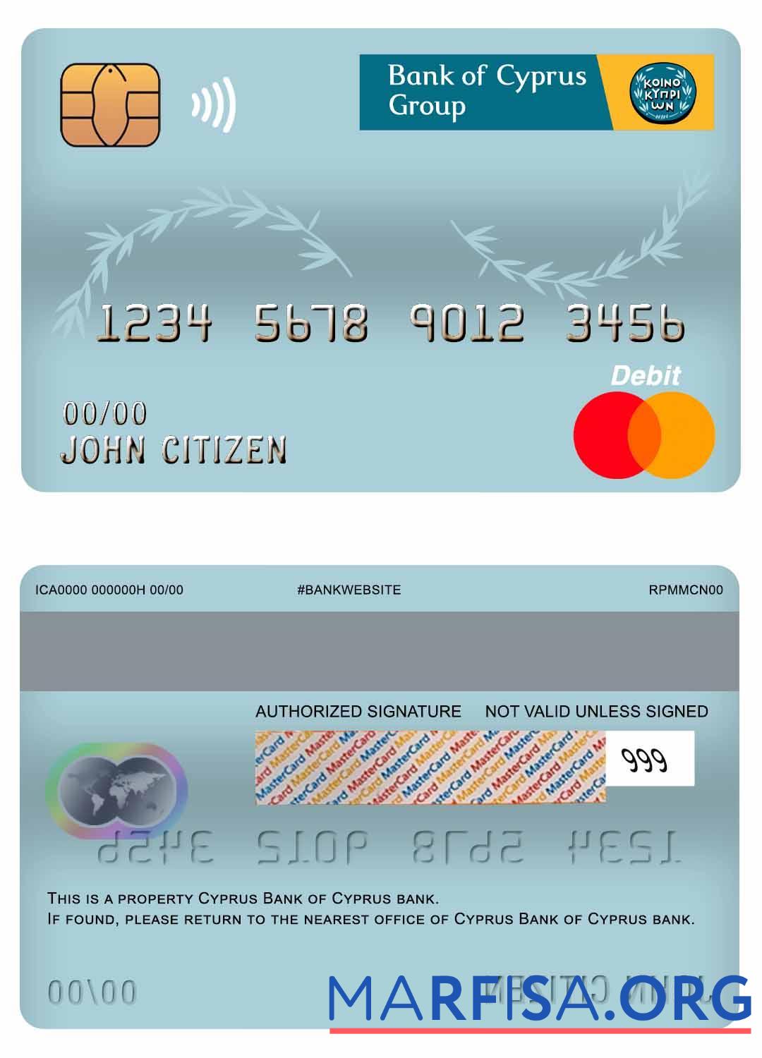 Blank Cyprus Bank of Cyprus bank master debit card sample